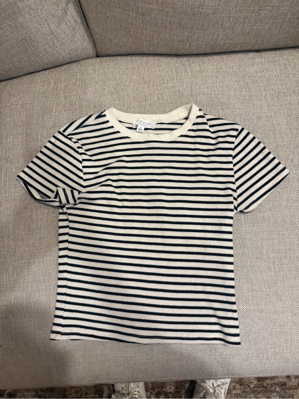 iris Cream and Black Striped Short Sleeve Tee